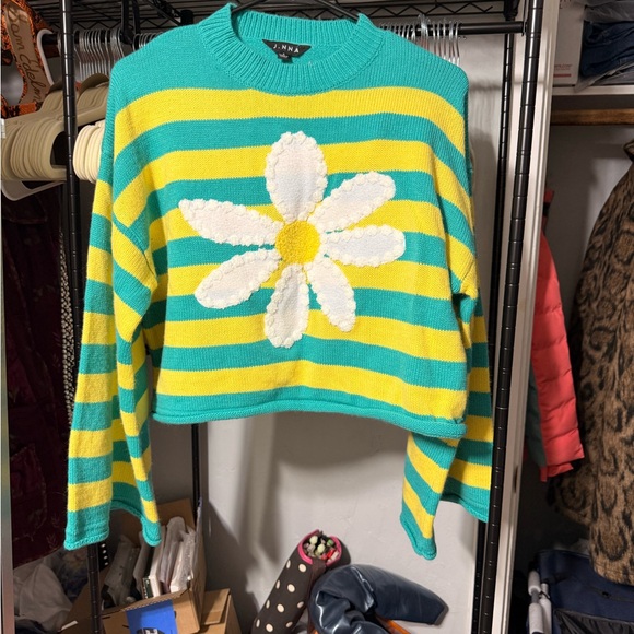 Striped Green and Yellow Sweater with Daisy - Picture 3 of 7